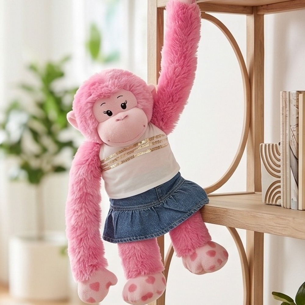Build A Bear Pink‎ Monkey Plush Stuffed Animal Sequin Top Denim Skirt Outfit
